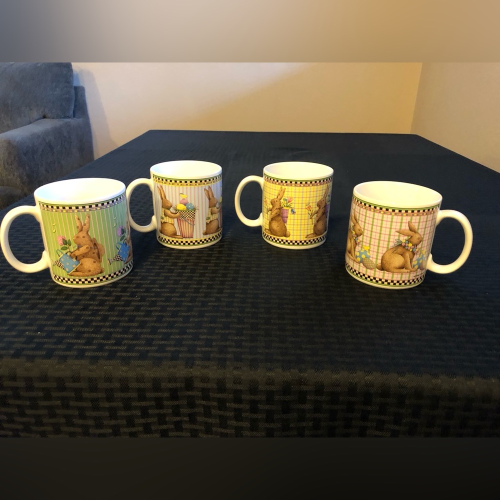4 Stoneware 12 oz. Easter Bunny Mugs